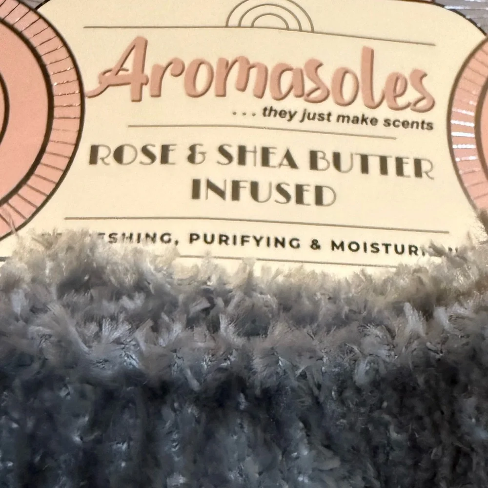 Aromasoles shea butter infused grey white striped fuzzy slipper socks keychain